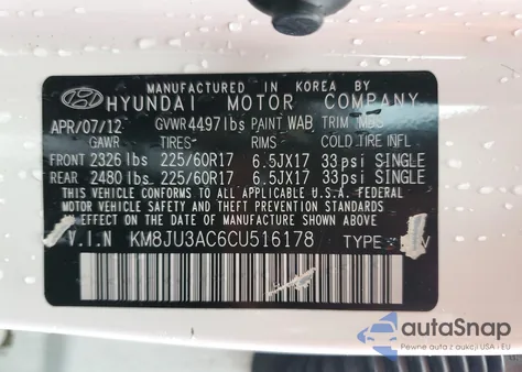 2012 Hyundai Tucson Gls из США, поврежденный, VIN KM8JU3AC6CU516178